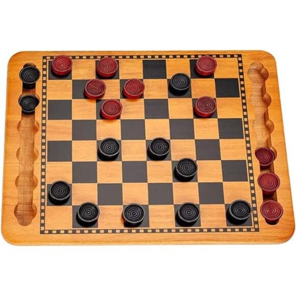 Games Solid Wood Red and Black Checkers Board Game Set with Inset Grooves - Picture 7 of 7